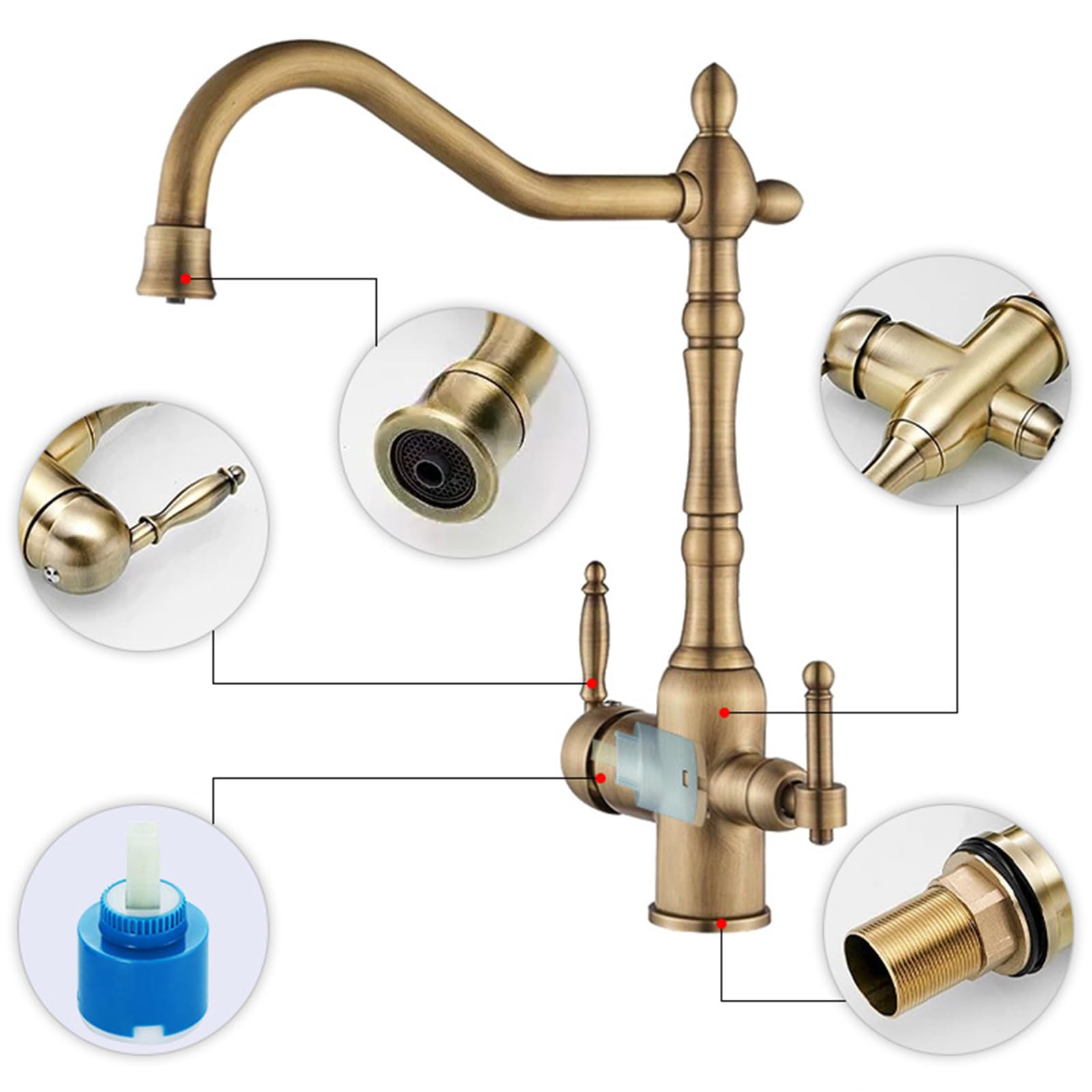 XJTNLB Grifo 3 Vias Osmosis Antiguo Grifo de Cocina Doble Salida Griferia Cocina 3 en 1 Giratorio a 360° Mezclador Agua Fría y Caliente