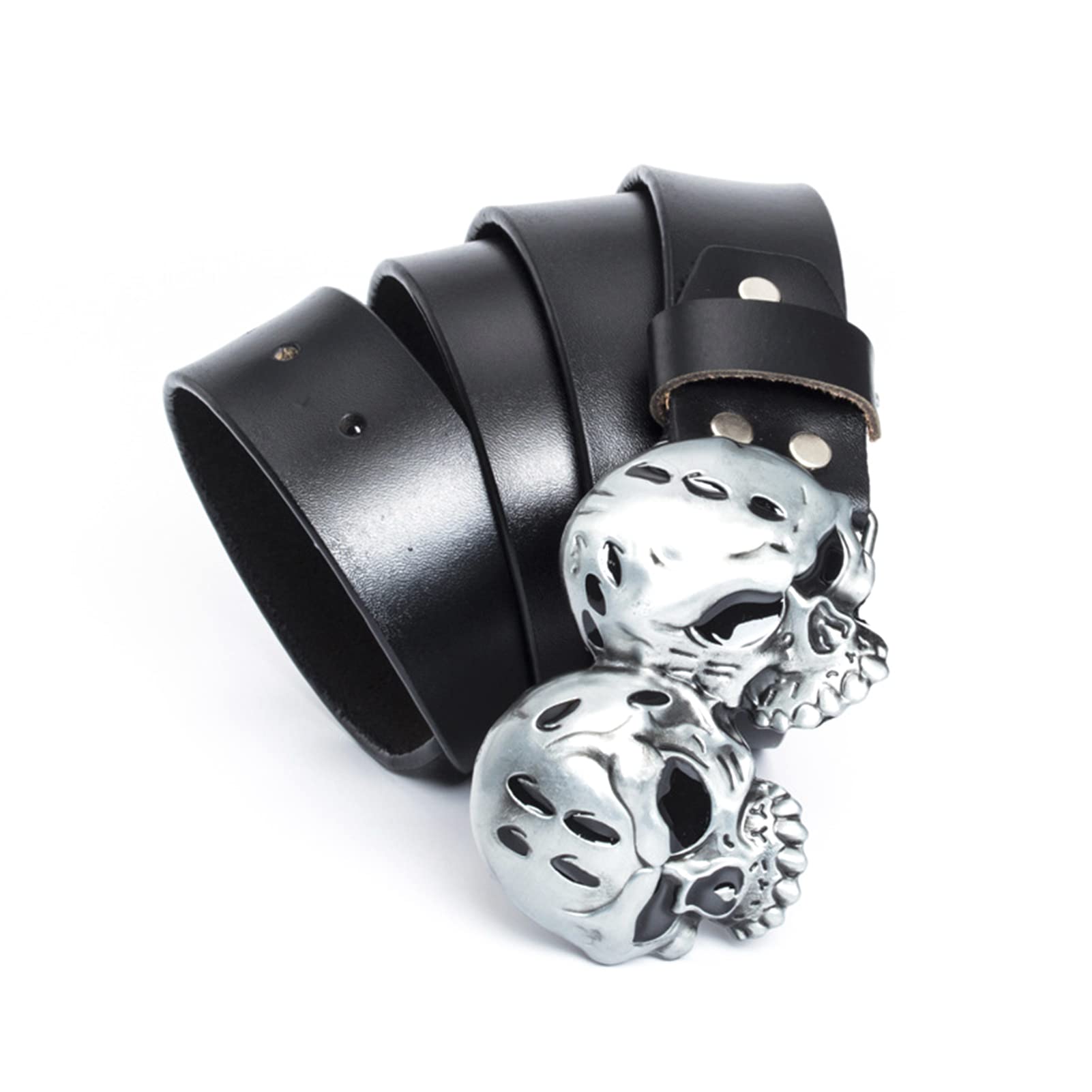 Cinturón de cuero para hombres y mujeres con hebilla de calavera estilo vaquero y punk negro de 95 cm