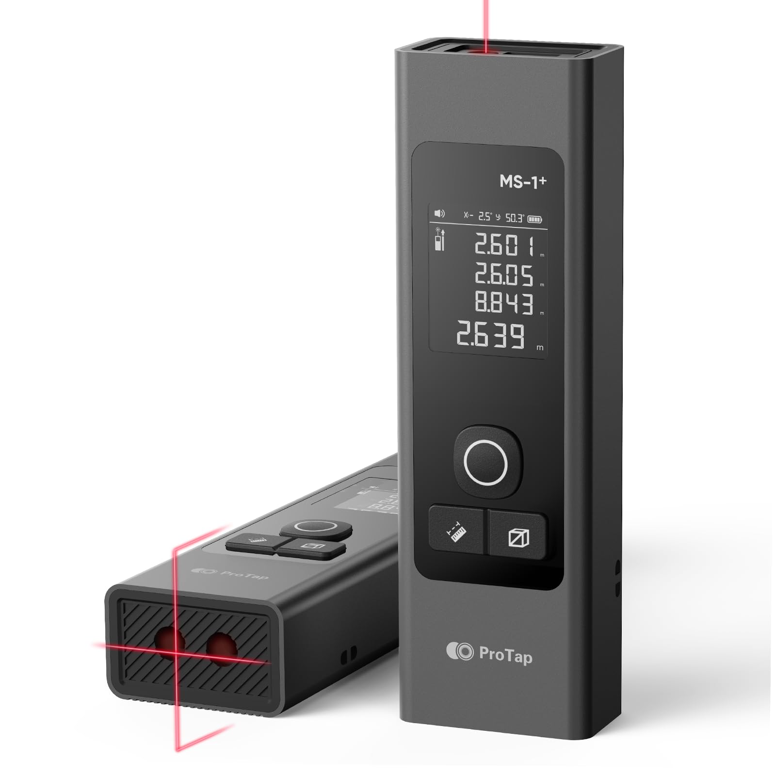 Photo 1 of ProTap 2-in-1 Laser Measure & Line Laser 393 FT - Distance Meter with Cross-Line, Laser Level with 3 Lasers Heads, Type-C Rechargeable- Area/Volume/Pythagorean for Construction, Tiling, 1.4" Black LCD