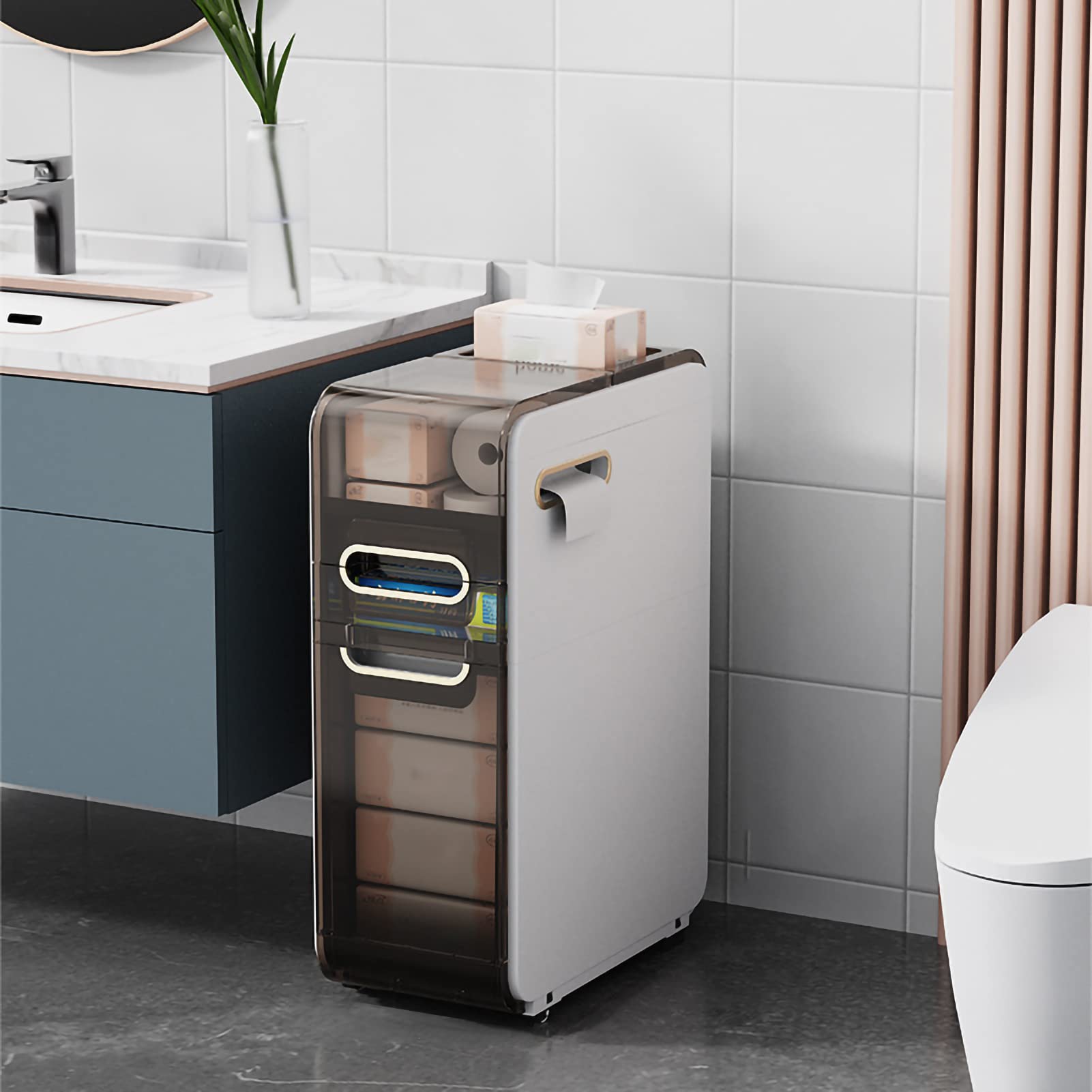 Mueble de baño con 4 cajones y ruedas, Estilo Torre independiente y Delgado, Ideal para espacios pequeños y la organización del lavadero.