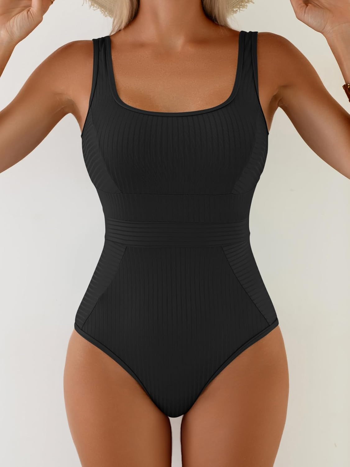 One Piece Ribbed Bathing Suit for Women Tummy Control Swimsuit Square Neck Low Back Swim Suit Solid Curvy Swimwear - Image 3