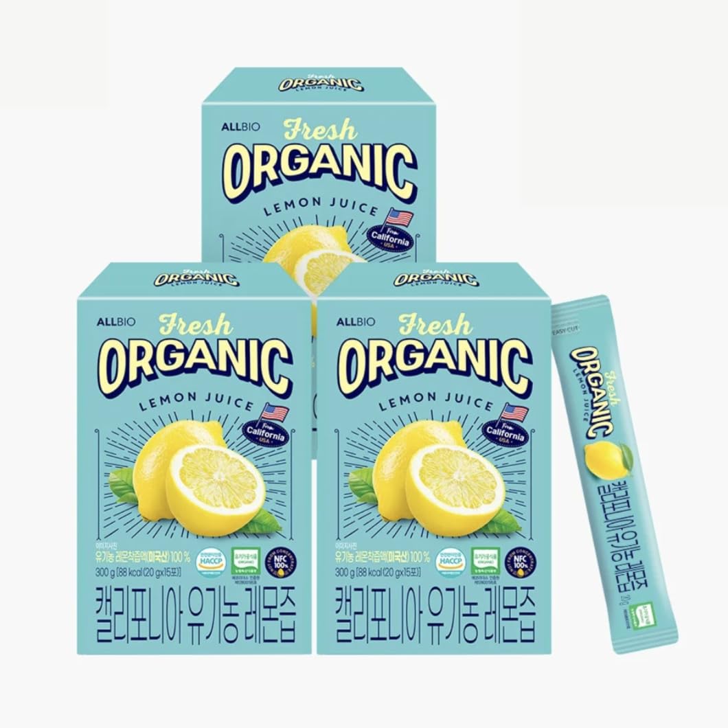 ALLBIO Organic Lemon Juice Sticks | 0.67oz x 15 Pack (3 Boxes / 45 Sticks) – USDA Certified, Cold-Pressed, Not From Concentrate | No Sugar | Portable, Single-Serve Packets for Lemon Water, Tea, Cooking, Baking & Recipe