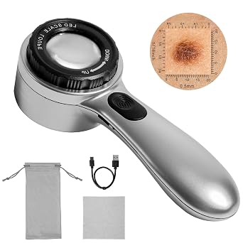 dermatoscope for Skin, Rechargeable Handheld Skin Analyzer, 30x Magnifying dermascope with 4 Lighting Effects, with a Storage Bag, Charging Cable, and Lens Cleaning Cloth