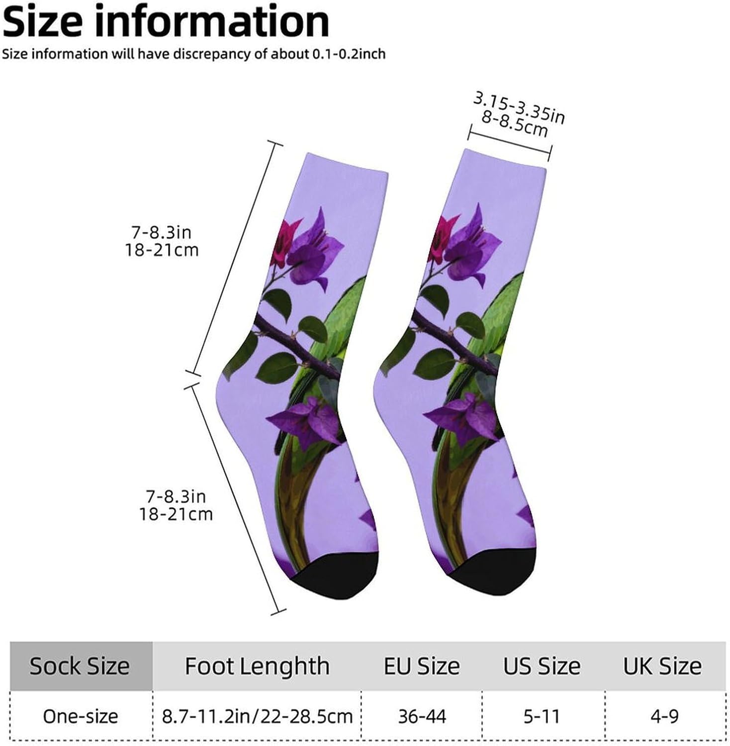 Green Parrot on Bougainvillea Crew Socks Moisture Wicking Ankle High Cushioned Arch Support Seamless Toe Athletic & Casual