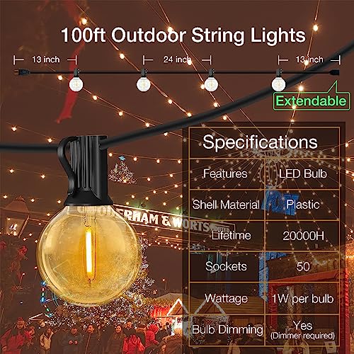 Daybetter 100Ft Outdoor String Lights Waterproof, G40 Globe Led Patio Luces With 50 Edison Vintage Bulbs, Connectable Outdoor Decor For Yard Porch Bistro #TOP3