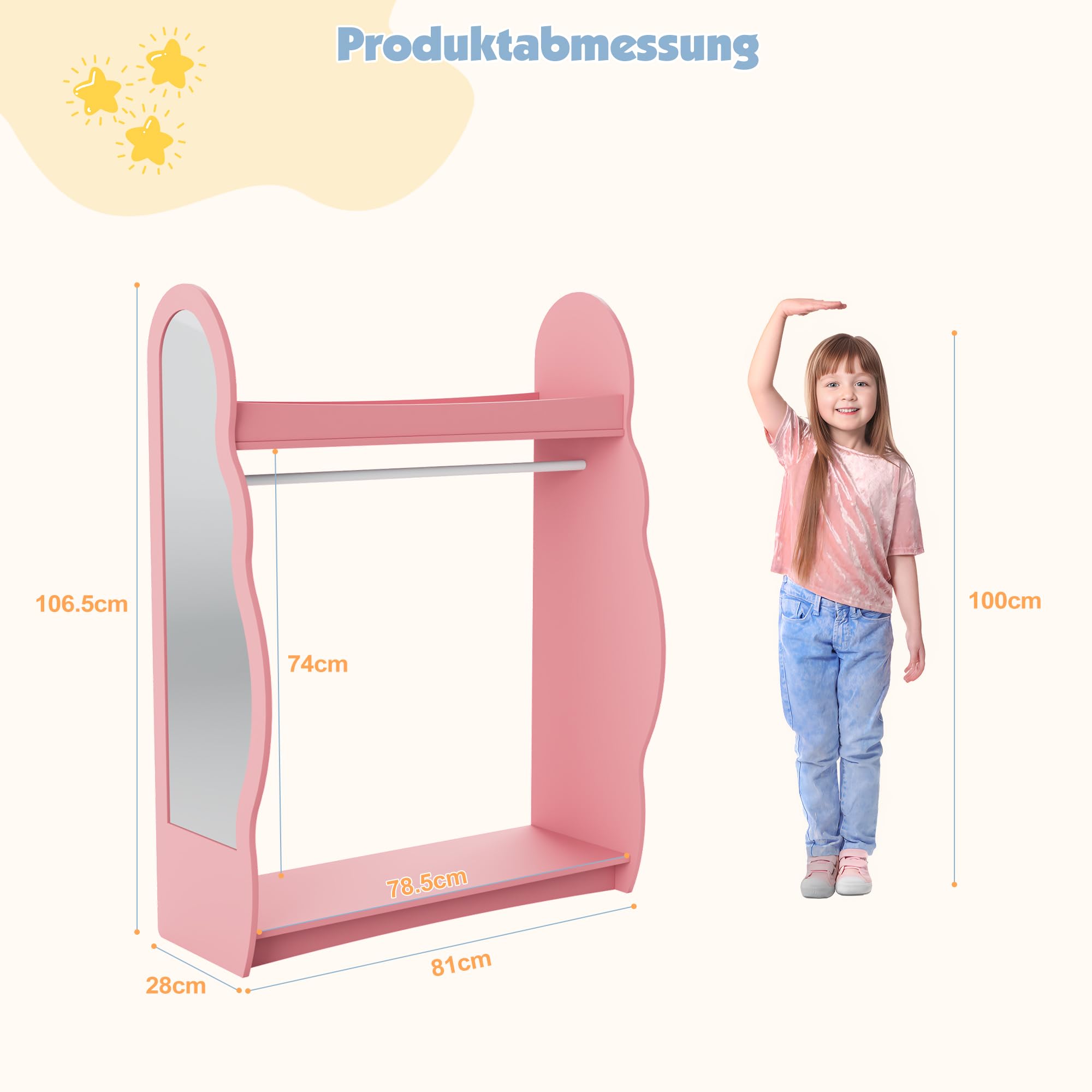 NACHES Kleiderständer Kinder Garderobenständer mit Ablagen, Spiegel und Haken Kleiderstange Garderobe aus Holz 81 x 28 x 106,5 cm (Wolken, Rosa)