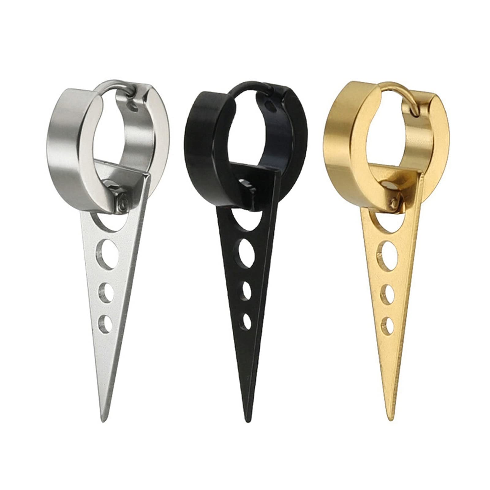 Lieson Pendientes de acero inoxidable colgantes, pendientes colgantes plata negro oro 3 pares/3 unids redondos con triángulo hombres pendientes colgantes