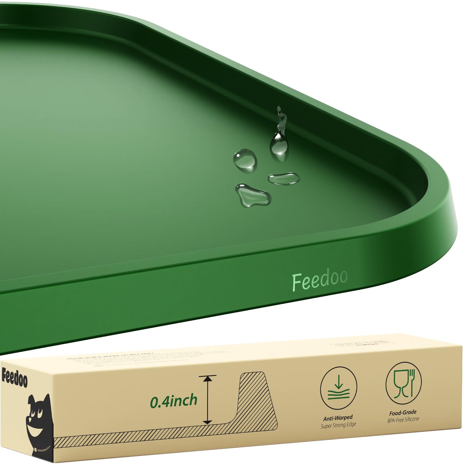 Feedoo Pet Feeding Mat [Warped Resistant Raised Edge], Water-Proof Silicone Placement for Food Water Bowls, Anti-Slip Base Protect Floor, BPA-Free&Dishwasher-Safe [28.5x16.5inch XL, Green]