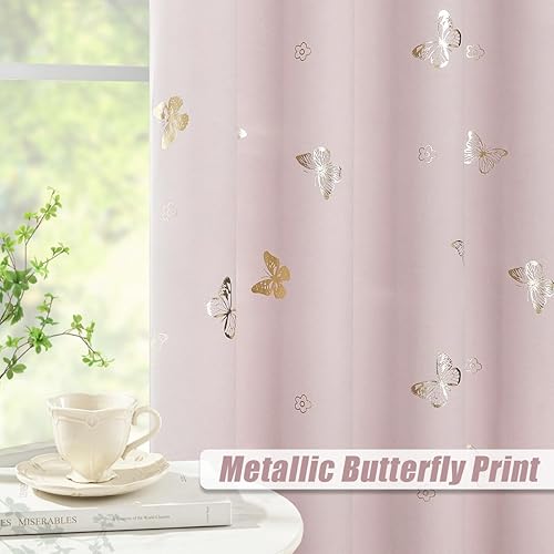 Miniatura 2 de Jubilantex Cortinas opacas de mariposa rosa y dorada de 95 pulgadas de longitud para habitación de bebé, habitación del bebé, 80% opacas con ojales,
