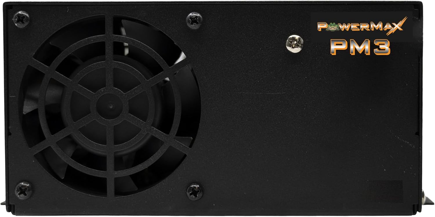 Side view of the PowerMax PM3 converter showing the cooling fan and model designation.