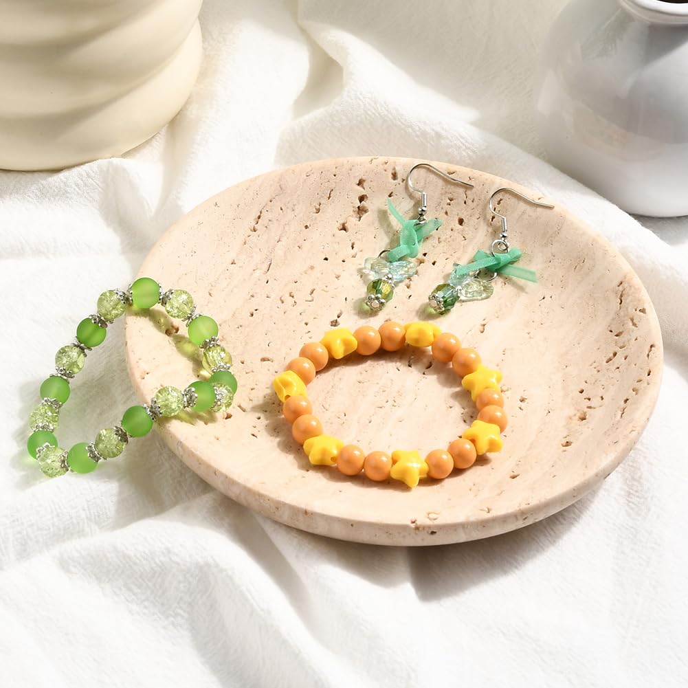 Beebeecraft Bandeja Redonda Y Plana de Mármol Travertino Natural para Guardar Joyas con Paño de Pulido para Pendientes Collares Y Decoración Del Hogar (Beige)