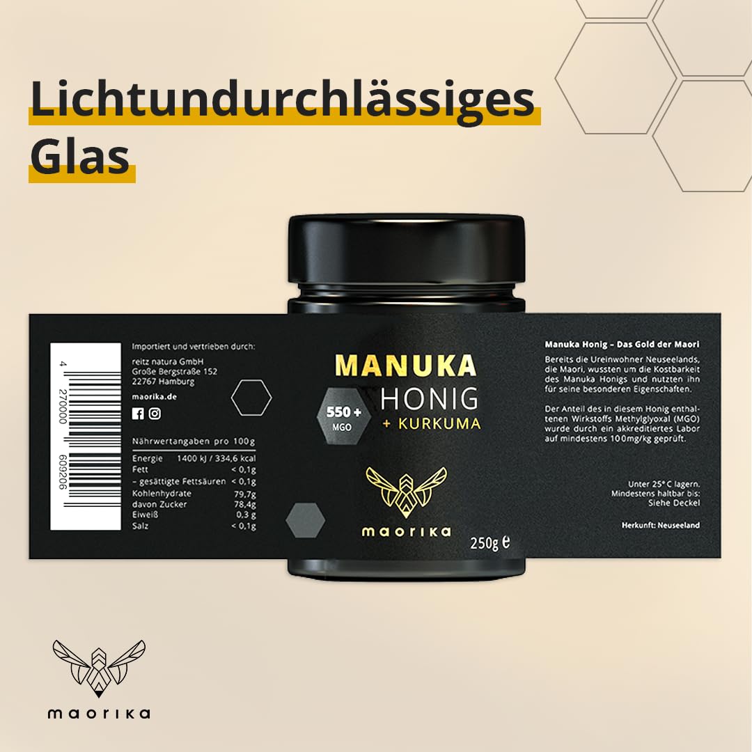 maorika - Manuka Honig 550 MGO im Glas (lichtundurchlässig) - laborgeprüft, zertifiziert aus Neuseeland (Manuka Honig mit Kurkuma)