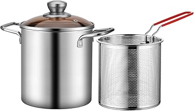 DJAPWPX Olla de acero inoxidable 304 con cesta y tapa, freidora de grado alimenticio, olla multifuncional para freír pescado, camarones, pollo, papas fritas, 3.2 cuartos de galón (01), color plateado