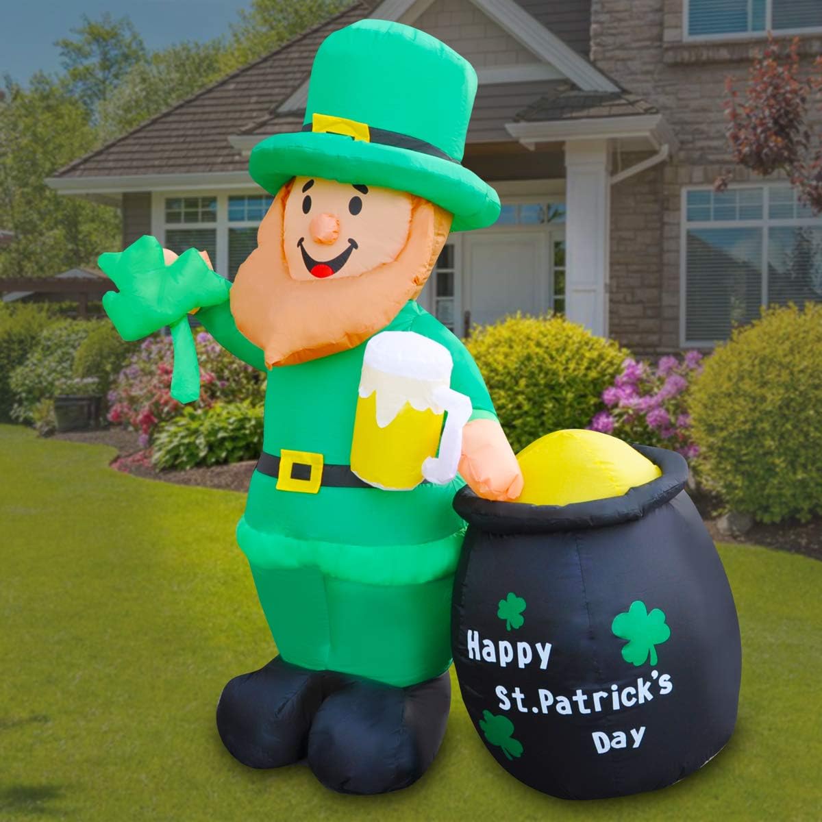 BLOWOUT FUN 6 Foot St Patricks Day Inflatable Leprechaun Holding Shamrock and Beer with Pot of Gold Cute Lucky Indoor Outdoor Lawn Yard Art Decoration Clearance : Patio, Lawn & Garden