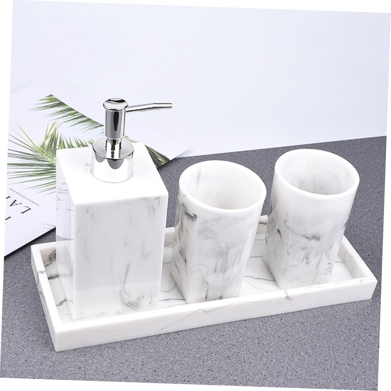 Mobestech Nordic Marble Pattern Bathroom Accessories Set 4-Piece Resin Wash Basin Set with Soap Dispenser Toothbrush Holder Tumbler and Tray for Hotel and Home Use
