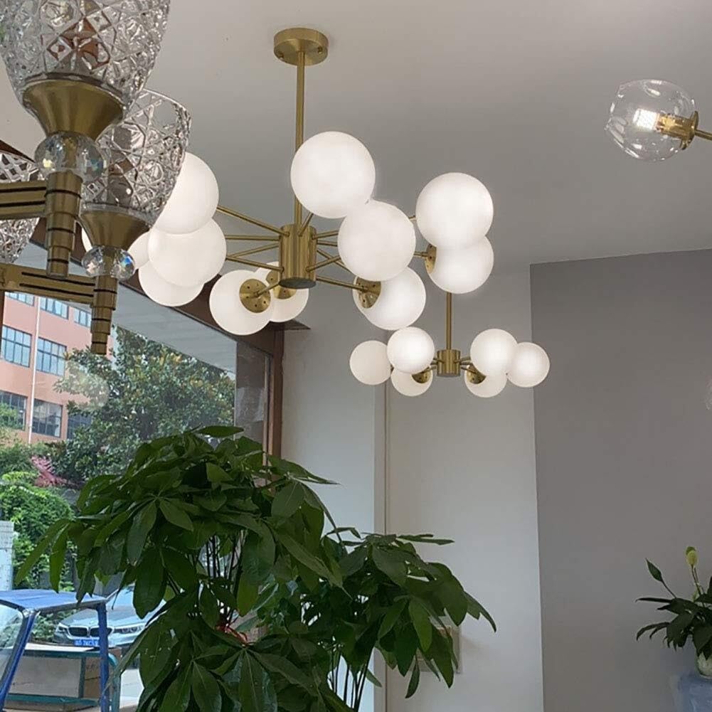 Sputnik Hertl nowoczesny złoty żyrandol z 12 światełkami, lampa wisząca w stylu połowy wieku z matowymi szklanymi globusami, regulowana lampa sufitowa w stylu retro do jadalni - miedź. 8 świateł