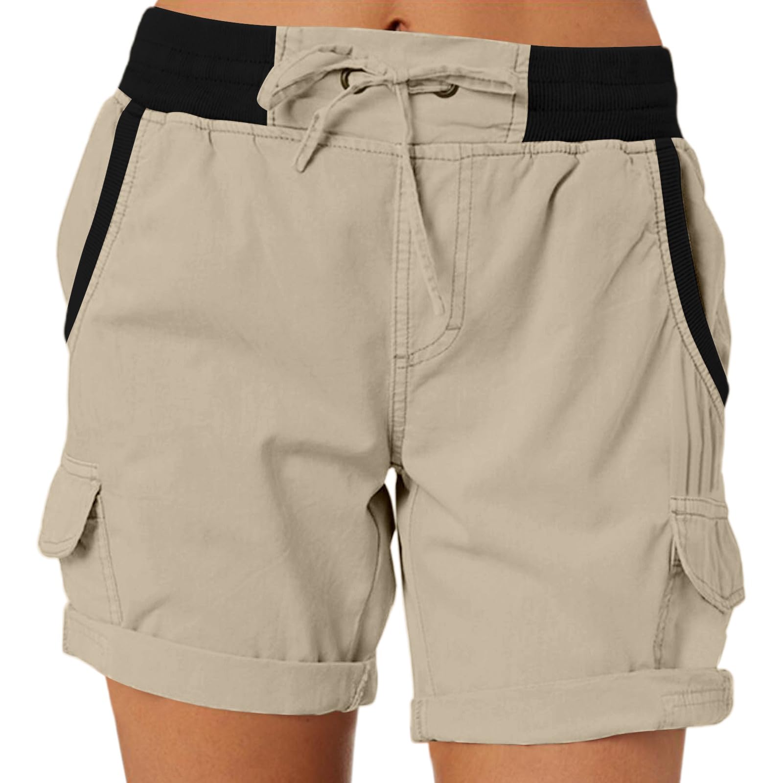 Womens Cargo Shorts Baggy Knee Length Elastic Waist Hiking Shorts Lightweight Breathable Drawstring Hot Short with Pockets Summer Casual Boyfriend Cargo Pants for Women Bermudas para Mujer Khaki