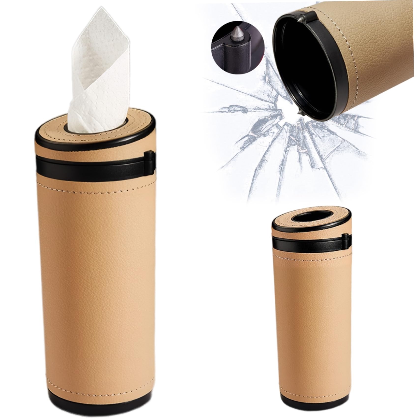 Car Tissues Cylinder 6.9x2.7 Inch Car Tissue Holder Leather Round Tissue Boxes for Car with Window Breaker Cup Holder Tissues for Car Vehicle Bathroom Office