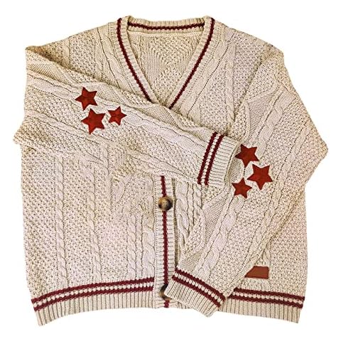ZZLBUF Women's Retro Varsity Knit Cardigan Long Sleeve V Neck Button Down Star Embroidery Knitwear Knitted Jacket (Beige Red, S) Cover