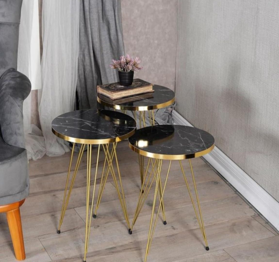 LHFHOMT- Round Coffee table set Nesting Coffee Table Set of 3 Pieces, Wooden Top, Gold metal legs End Table Desk for Living Room, Balcony, Office, Sofa Side (Black - White Lines)