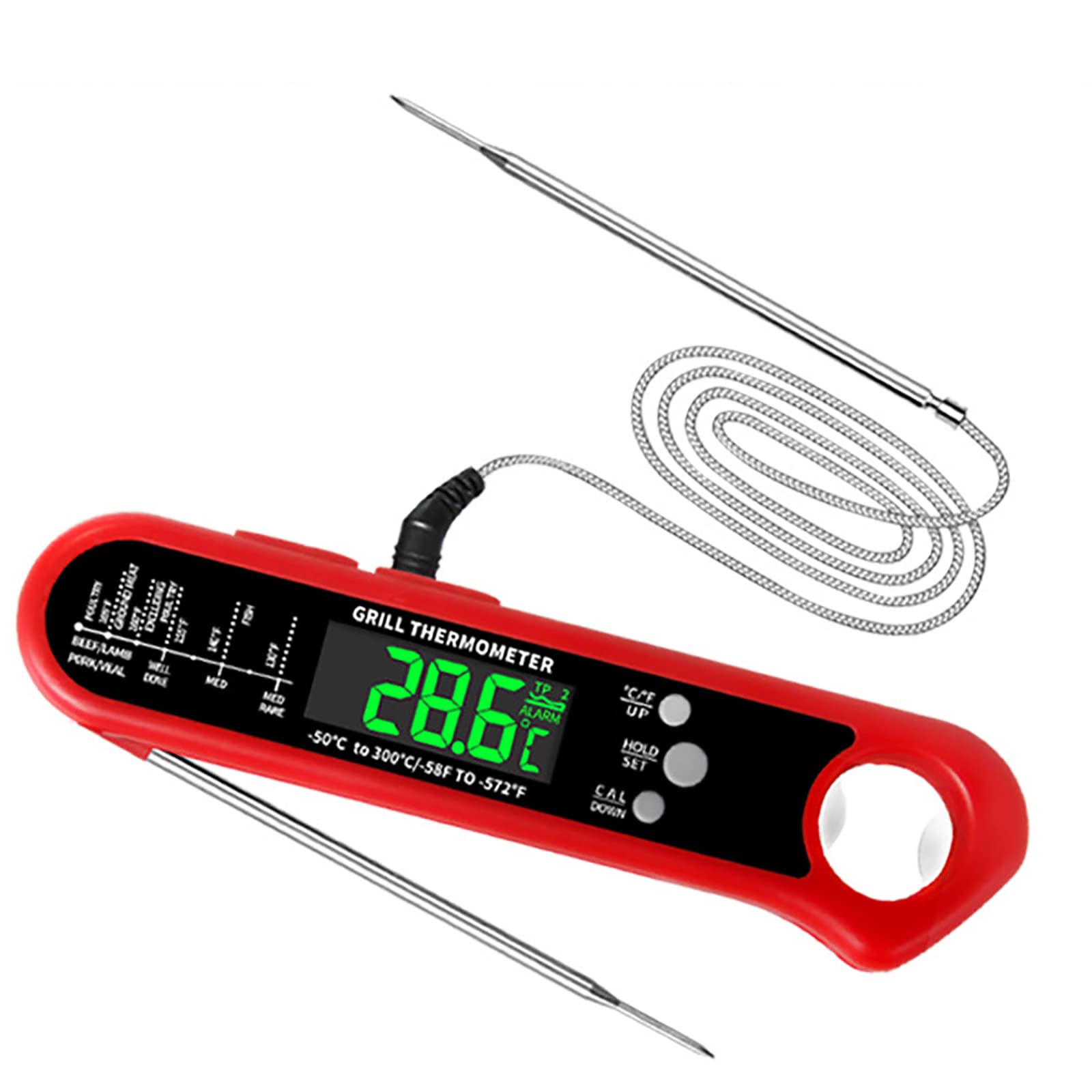 Fleischthermometer, sofort ablesbares Fleischthermometer mit Alarm- und Kalibrierungsfunktion, faltbares Grillthermometer mit Zwei Sonden, schnell genau, für Küche, Grillen im Freien