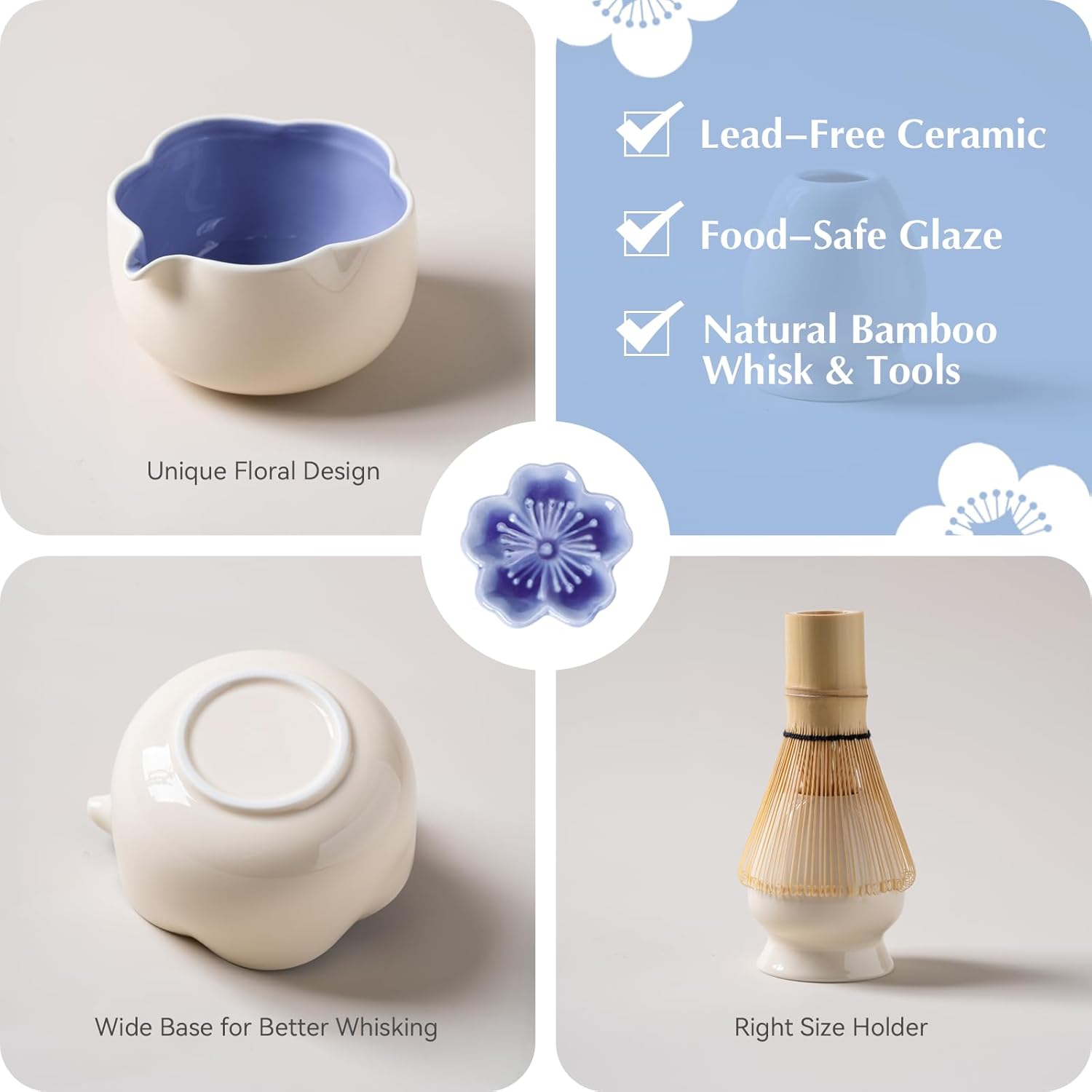 Matcha Set, 8Pcs Floral Ceramic Matcha Set with Matcha Whisk, Holder, Scoop, Scoop Rest, Sifter, Spoon and Tea Towel - Thoughtful Matcha Whisk Set Gift for Matcha Lovers (Beige & Blue) - Image 4