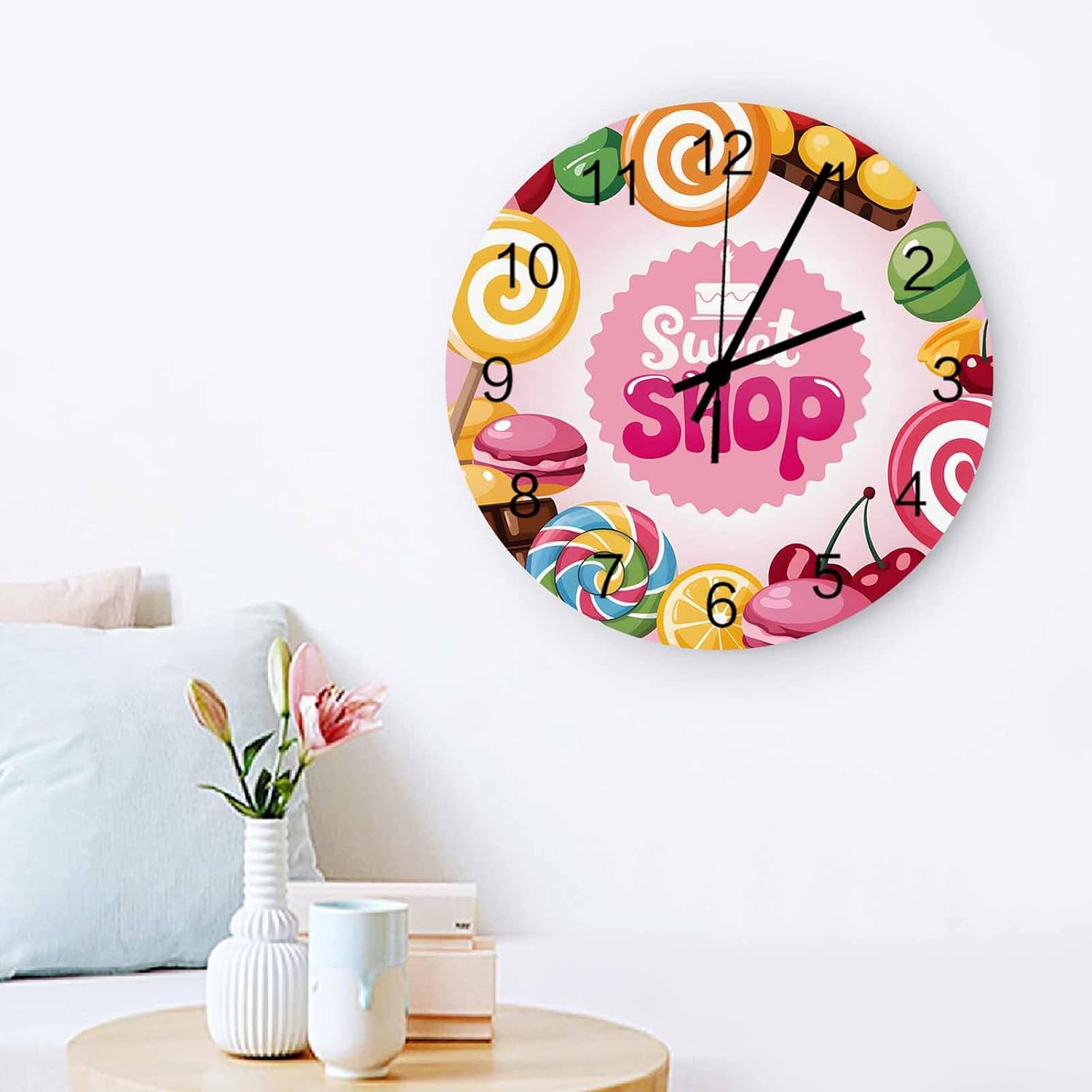 Home Decor 12 Inch Round Wooden Clock, Cartoon Sweet Shop Pink Candy Cake Lollipop Silent Non-Ticking Arabic Numeral, Battery Operated Clock Wall Decor for Living Room, Kitchen, Bedroom, or Office