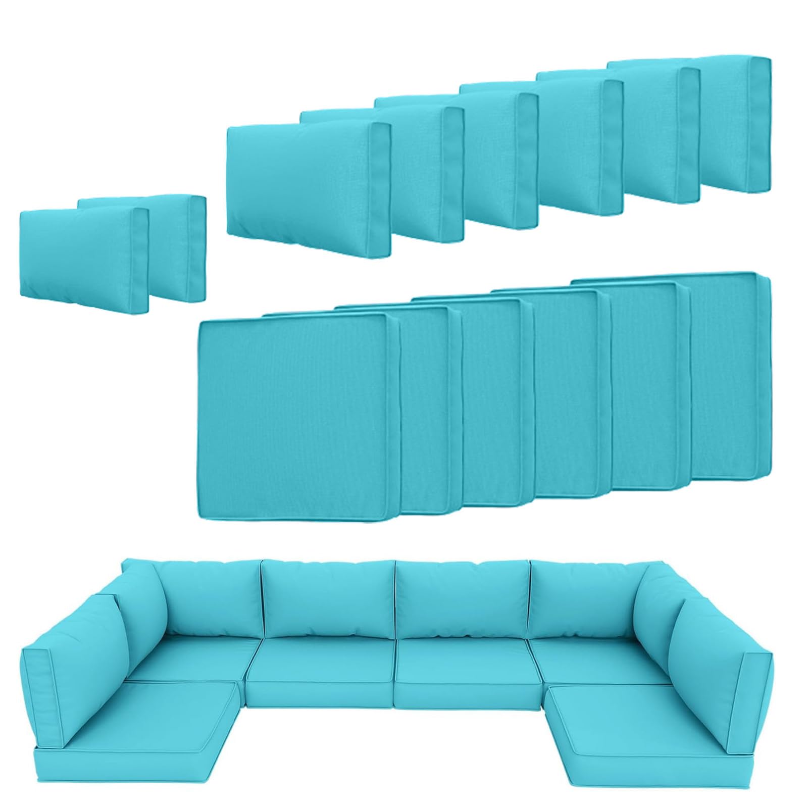 14 Piece Outdoor Patio Cushion Cover Replacement, Waterproof Outdoor Patio Cushion Covers, Outdoor Furniture Cushion Covers Set for 6 Seat Wicker Rattan Sofa (Turquoise, 25.6 * 25.6 * 4 inch)-image-31