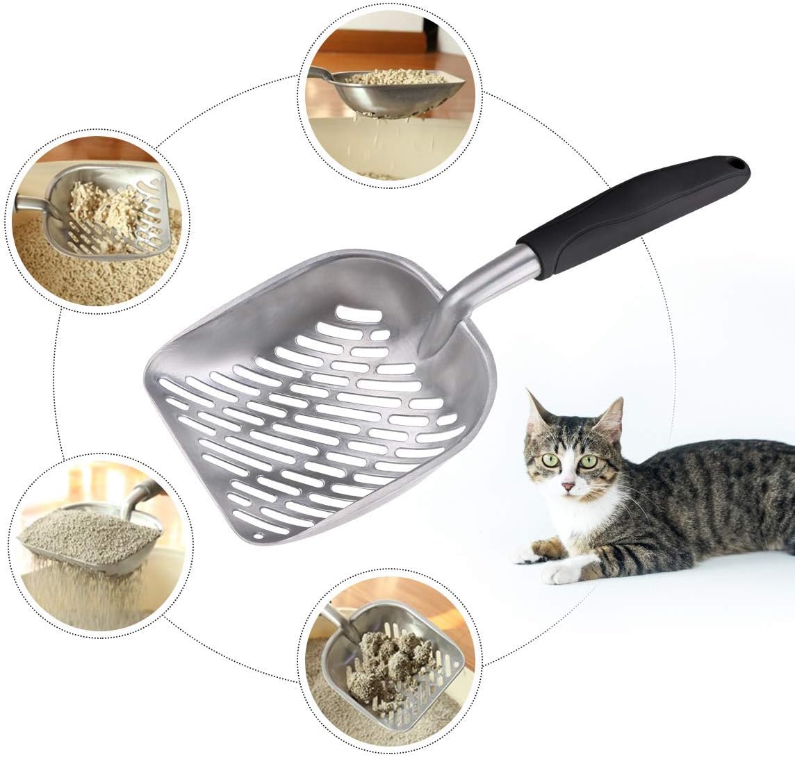 Cat Litter Scoop, Durable Metal Litter Scoop for Kitty， Deep Shovel and Ergonomic Long Handle,Made of Heavy Duty Solid Aluminum Alloy,Jumbo Size,1PC with Pet Trash Bag