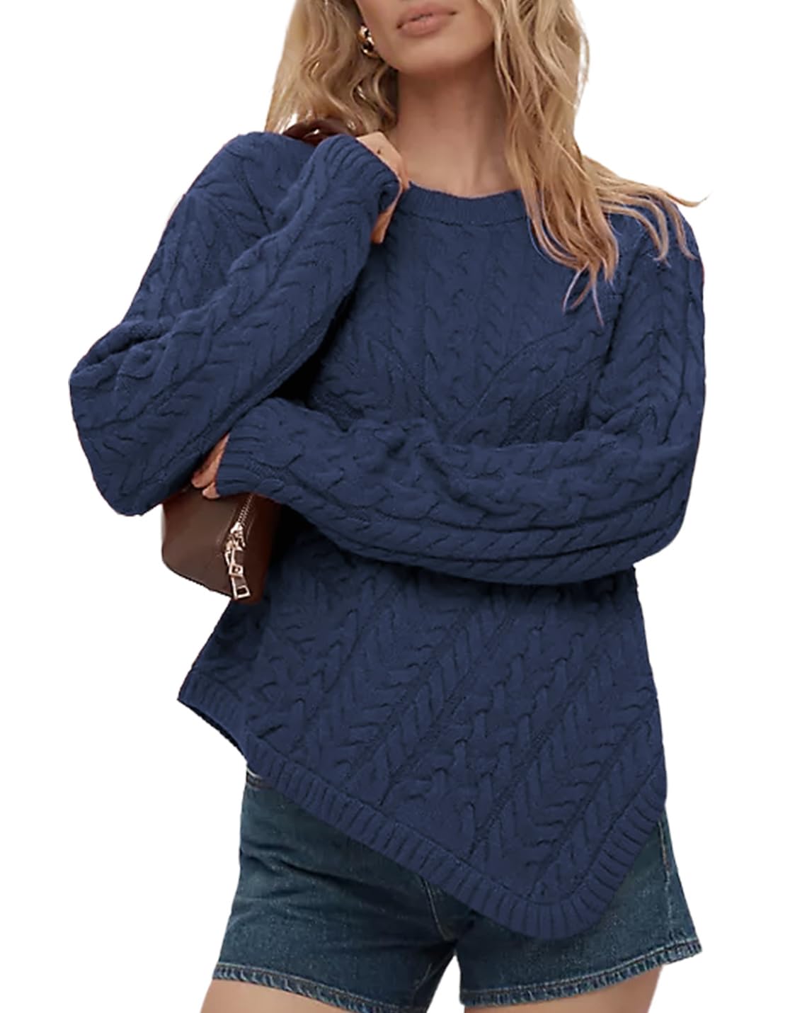 Irregular Hem Womens Sweater Chunky Cable Knit Pullover with Long Sleeve and Crew Neck Casual Tops