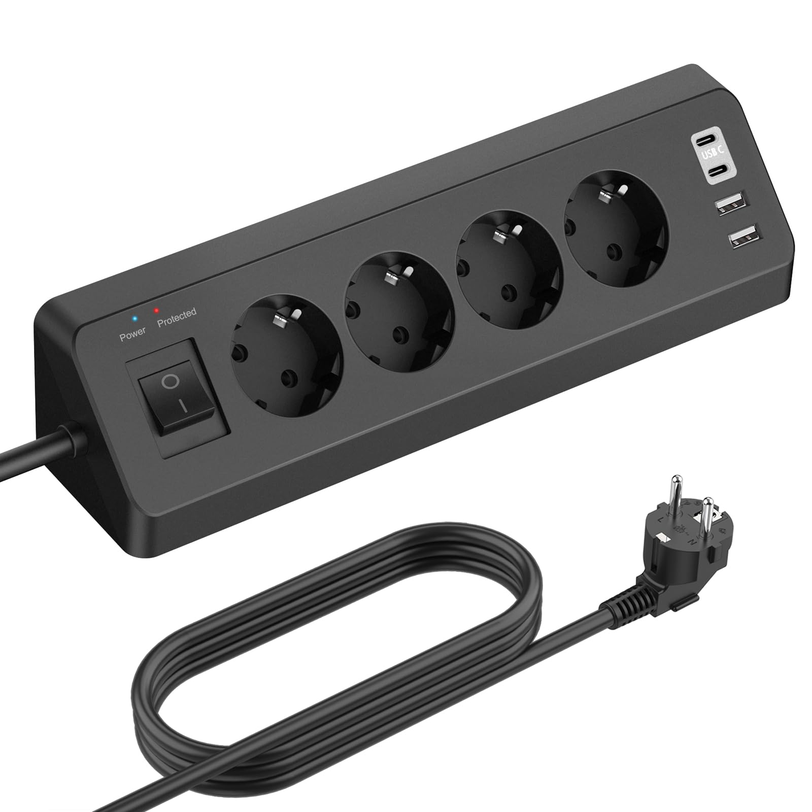 4 Fach Steckdosenleiste mit USB C, Ecksteckdose Ecke 4 USB mit Schalter, Schreibtisch Steckdose Überspannungsschutz mit 3M Kabel für Küche (Schwarz)