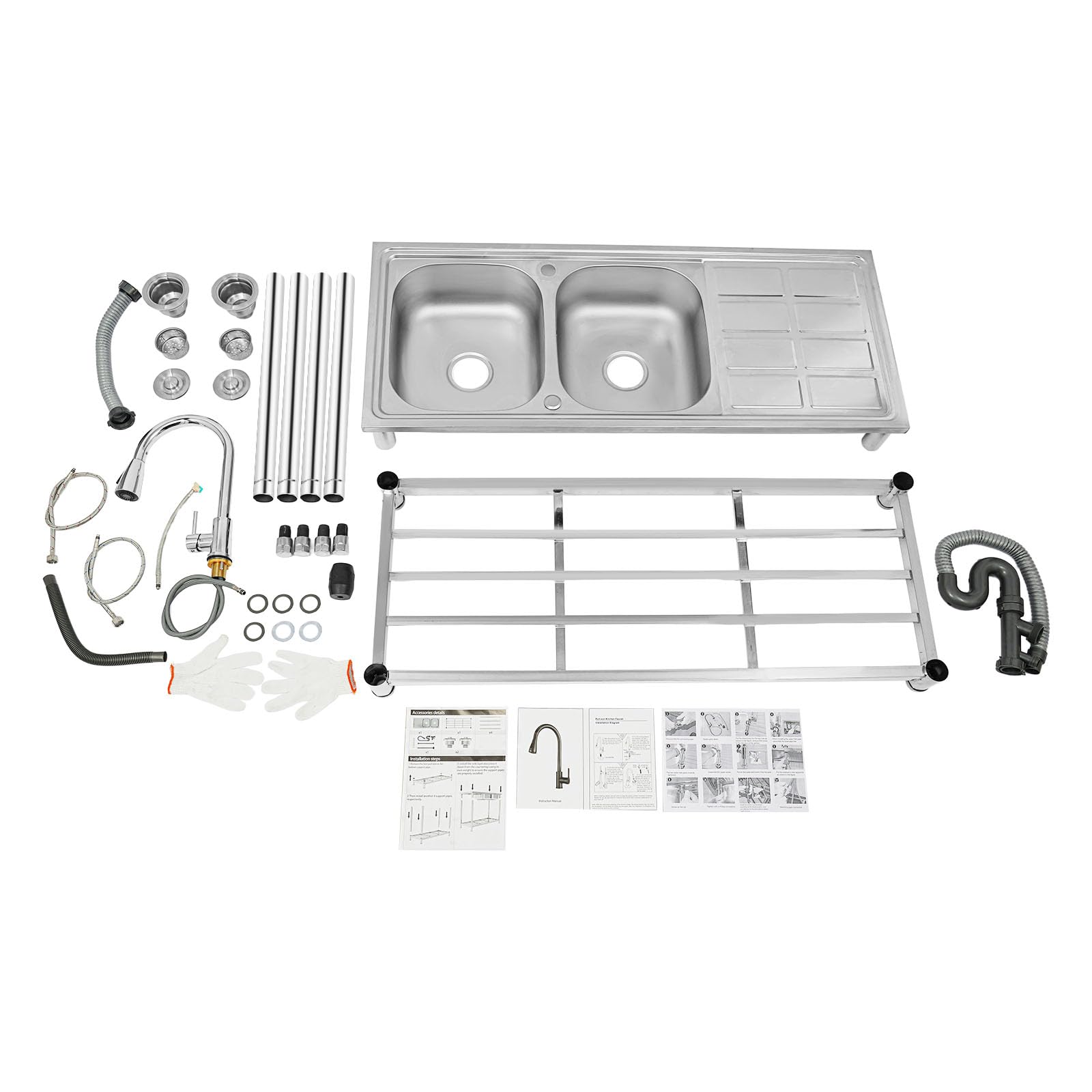 Fregadero de cocina independiente, 120 x 50 x 80 cm, de 2 cámaras, de acero inoxidable, con grifo extensible de 360 ° y lado de estante, patas ajustables para cocina, restaurante, garaje, plateado