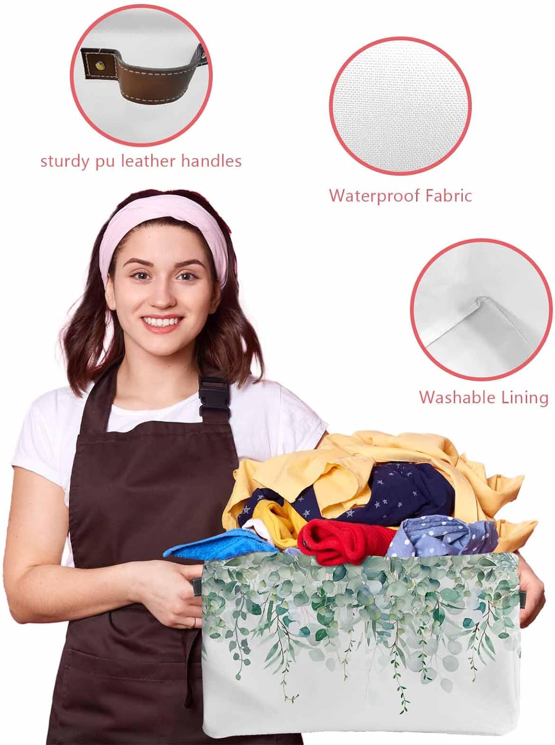 Storage Basket Sage Green Eucalyptus Large Foldable Storage Bins with Handles Watercolor Leaves Waterproof Fabric Laundry Baskets for Organizing Shelves Closet Toy Gifts Bedroom Home Decor