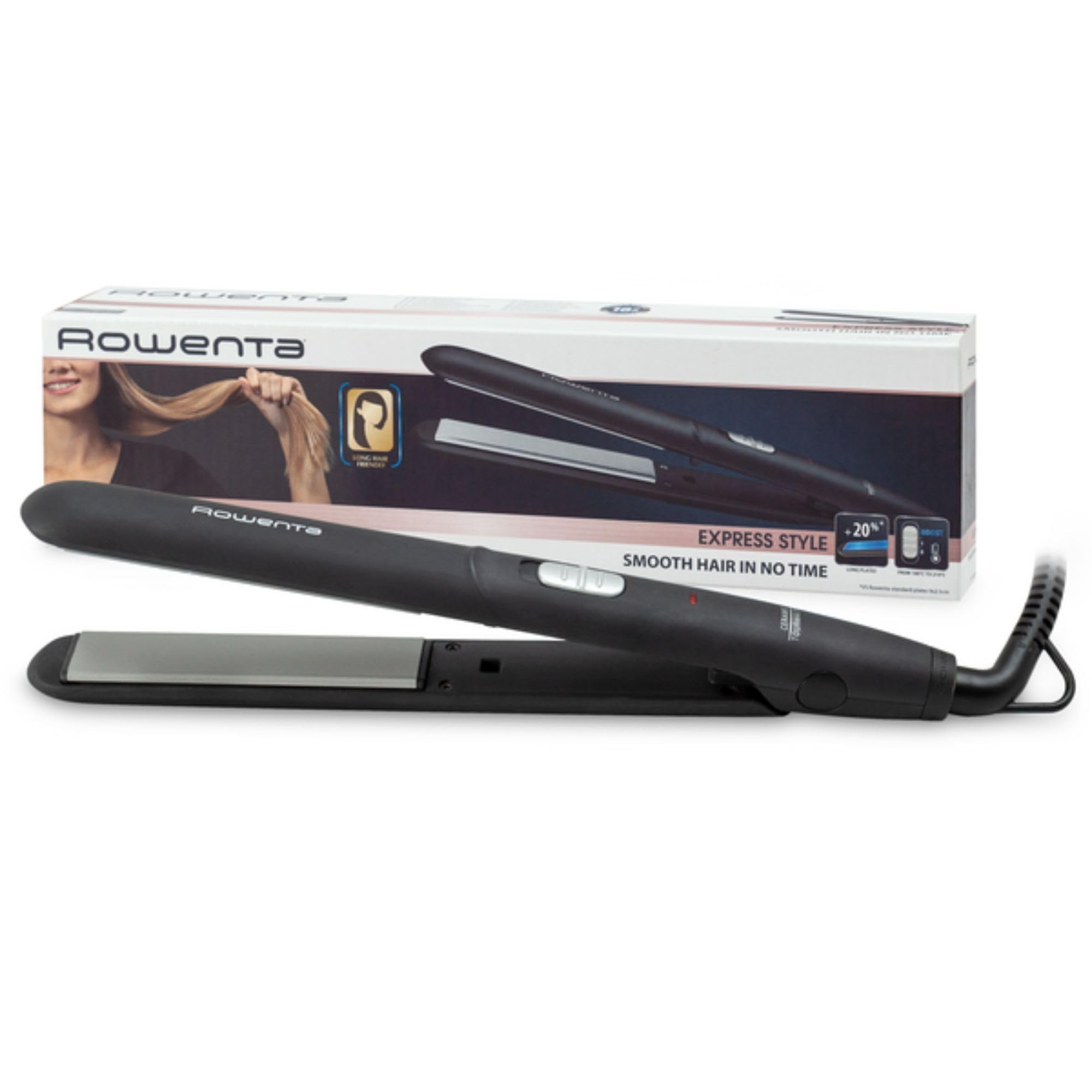 Rowenta Express Style SF1810 - Plancha pelo, revestimiento cerámico turmalina, 2 temperaturas, placas extralargas, calentamiento rápido, sistema de bloqueo, Negro/Plata