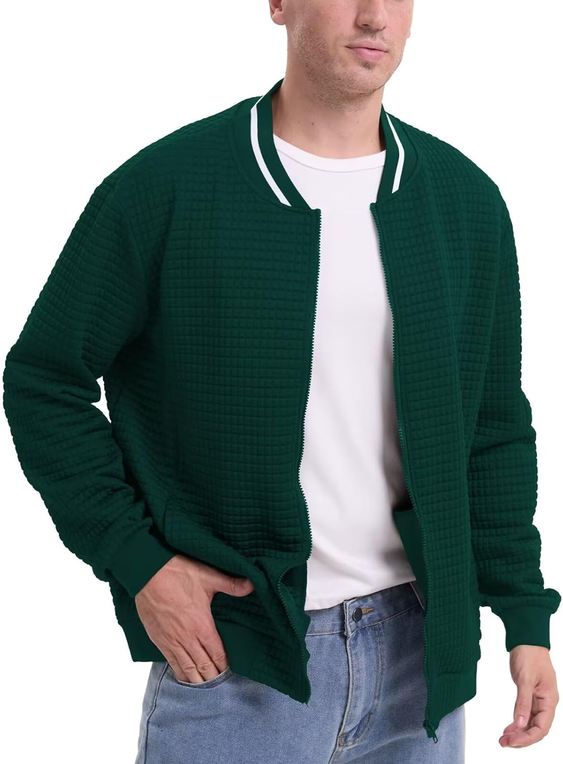 Men's Lightweight Jackets Full Zip Up Varsity Baseball Jacket Casual Waffle Letterman Bomber Jacket with Zip Pockets