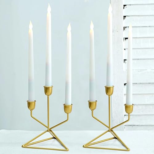 Miniatura 2 de Efavormart - Juego de 2 candelabros geométricos de metal dorado de 3 brazos con base triangular para fiestas de cumpleaños, eventos, 7 pulgadas