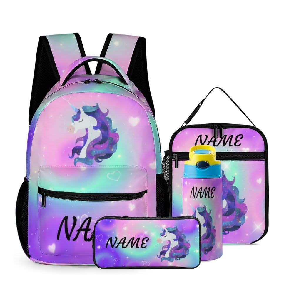 THCNKUI Custom Purple Galaxy Unicorn 4Pcs Backpack Set with Lunch Bag Pencil Case Water Bottle Personalized Name Text School Book Bags Customized