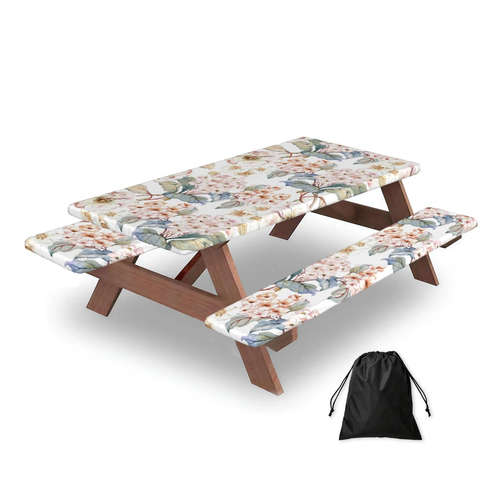 Flower Watercolor Pastel Botanical Pink, Picnic Table Cover With Bench Covers -Waterproof Elastic Fitted Tablecloth for Garden Camping Patio 76x152cm