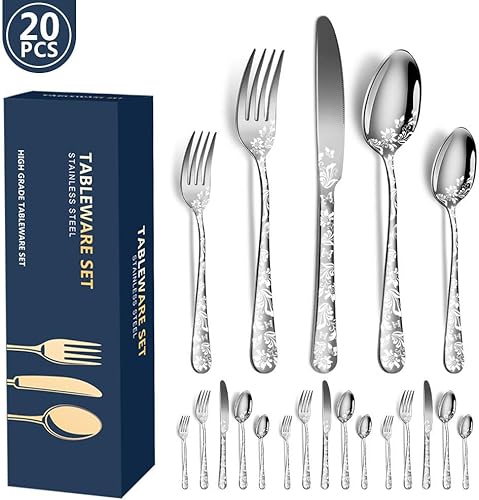 Miniatura 5 de 20pcsset, Modern Stainless Steel Tableware Set with Flower PatternCutlery - Perfect for Home and Restaurant Use