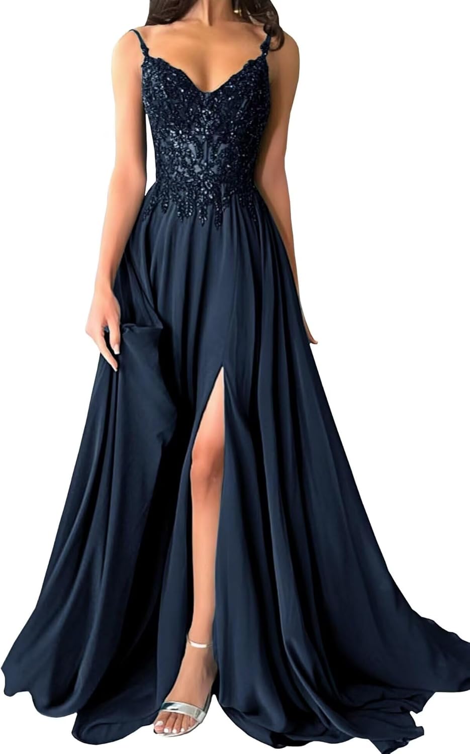 Womens Sparkly Chiffon Prom Dresses Lace Appliques Spaghetti Straps Formal Dress V-Neck Long Ball Gowns with Slit