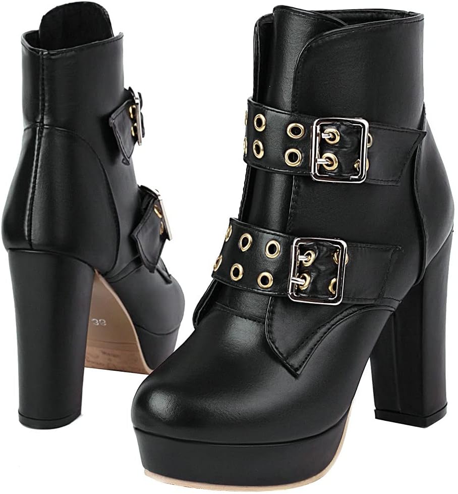 KOKOMOMO Womens Goth Buckle Platform Boots High Chunky Heeled Booties