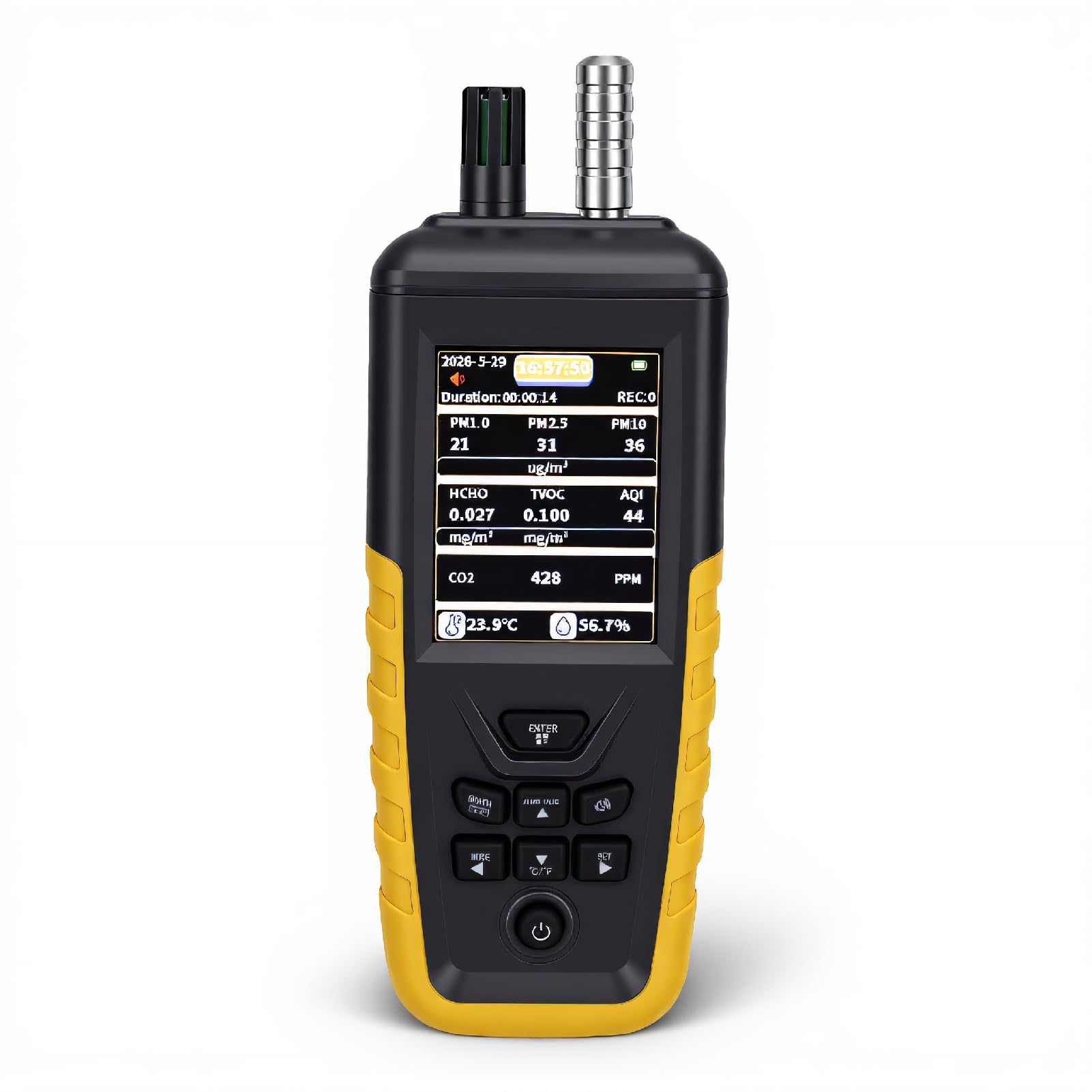 Probador Portátil de Calidad del Aire con CO₂, TVOC, HCHO, PM1.0/2.5/10, Monitor de Temperatura y Humedad, Detección de Partículas de 6 Canales para Fábrica, Campo
