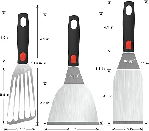 Miniatura 6 de Beijiyi Juego de espátulas de acero inoxidable, espátula de metal pequeña resistente para cocinar sartén de hierro fundido con mango de silicona,