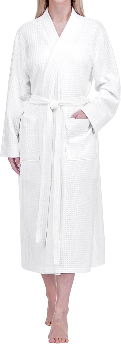PAVILIA Womens Waffle Robe Lightweight Cotton Blend Bathrobe with Pockets | 230GSM breathable cotton blend waffle. Full length relaxed fit, adjustable belt, 2 pockets. Machine washable, S-3XL