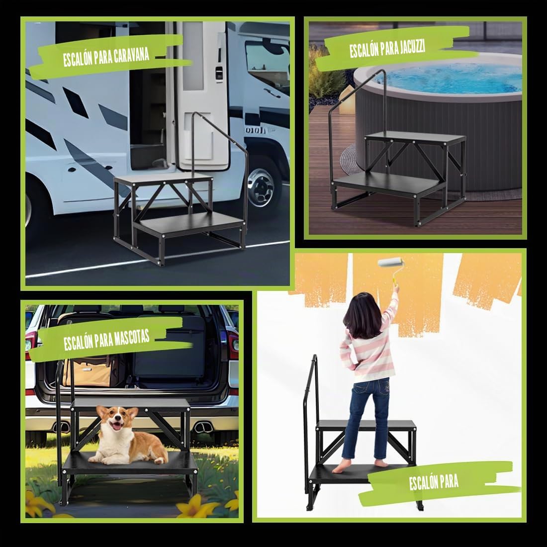 Escalera antideslizante, dos peldaños, pasamanos, escalones de hidromasaje, 2 niveles para autocaravanas, camping, remolques