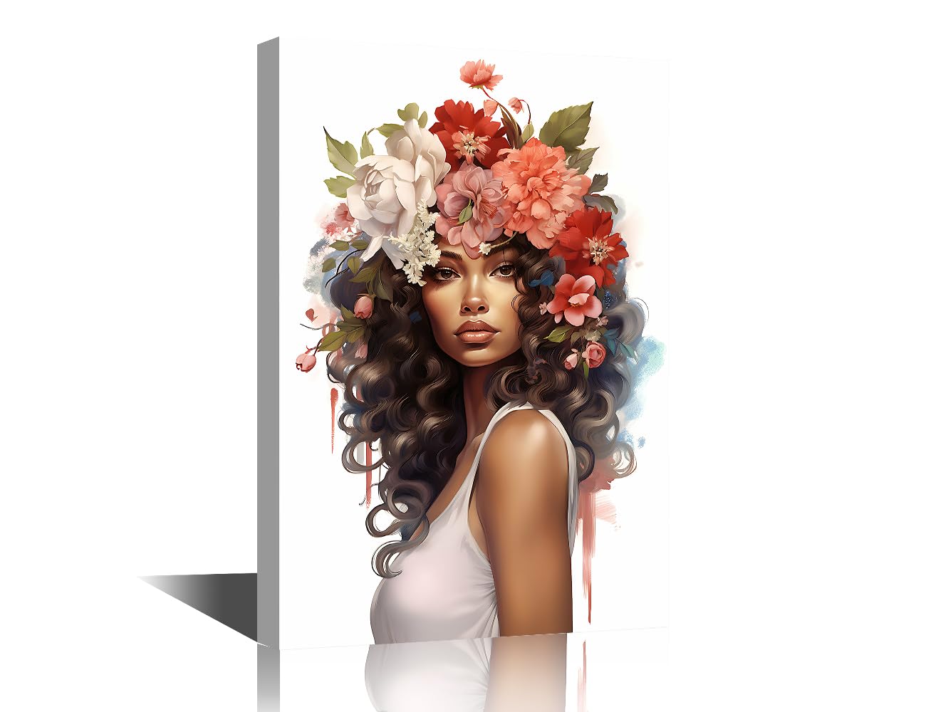 TISHIRON Woman with Flowers Wall Art Canvas for Living Room Beautiful Lady Print Artwork Canvas Bedroom Wall Decor Art Work Office Curly-haired Woman with Floral Picture for House 12" Wx18 Hx1 Panel