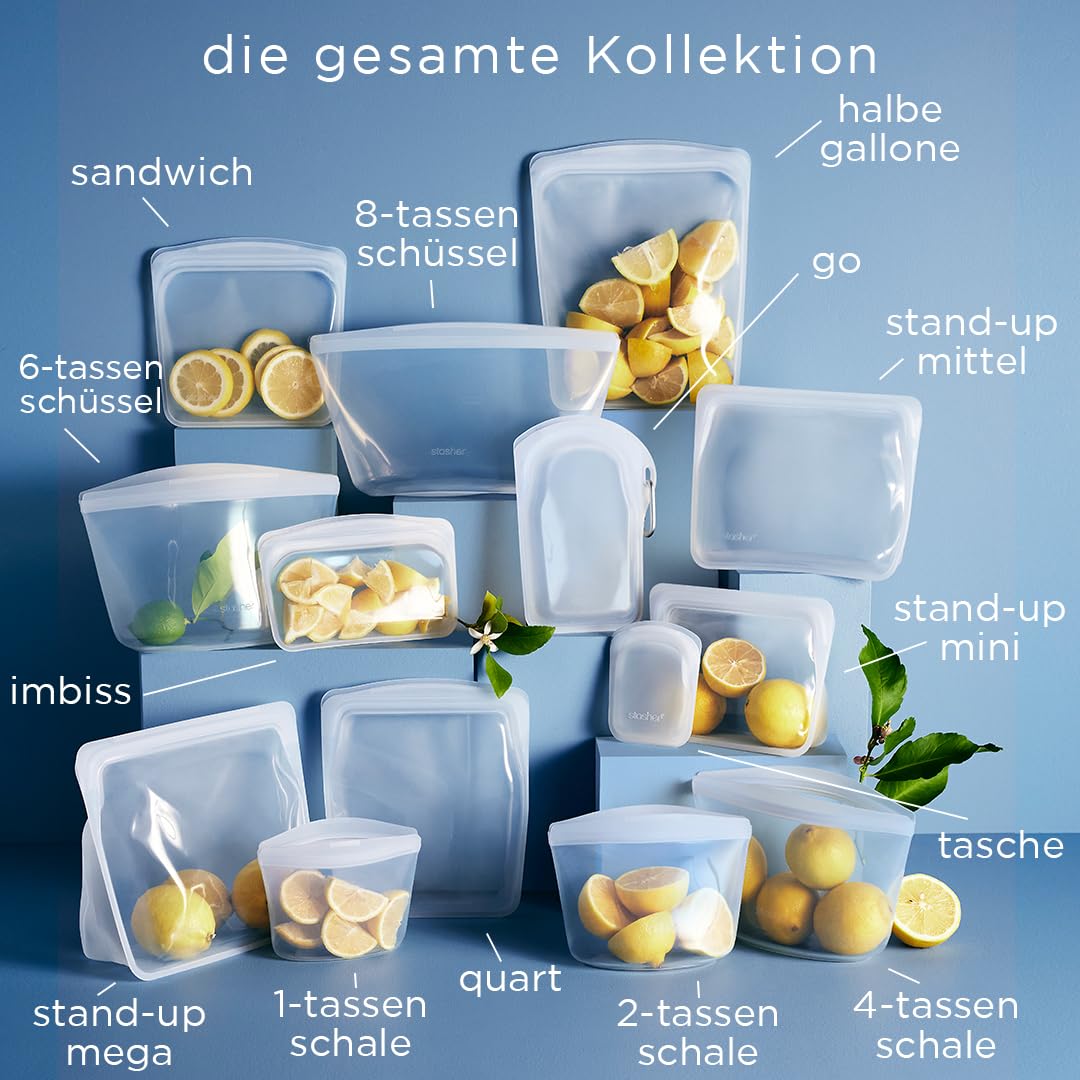Stasher Wiederverwendbare Silikonbeutel zur Aufbewahrung von Lebensmitteln, Lot de 4, Aqua, Hitze-, Spülmaschinen- & Gefrierfest, Umweltfreundlich, Für Essenszubereitung, 2 x 795ml & 355ml & 1.8L