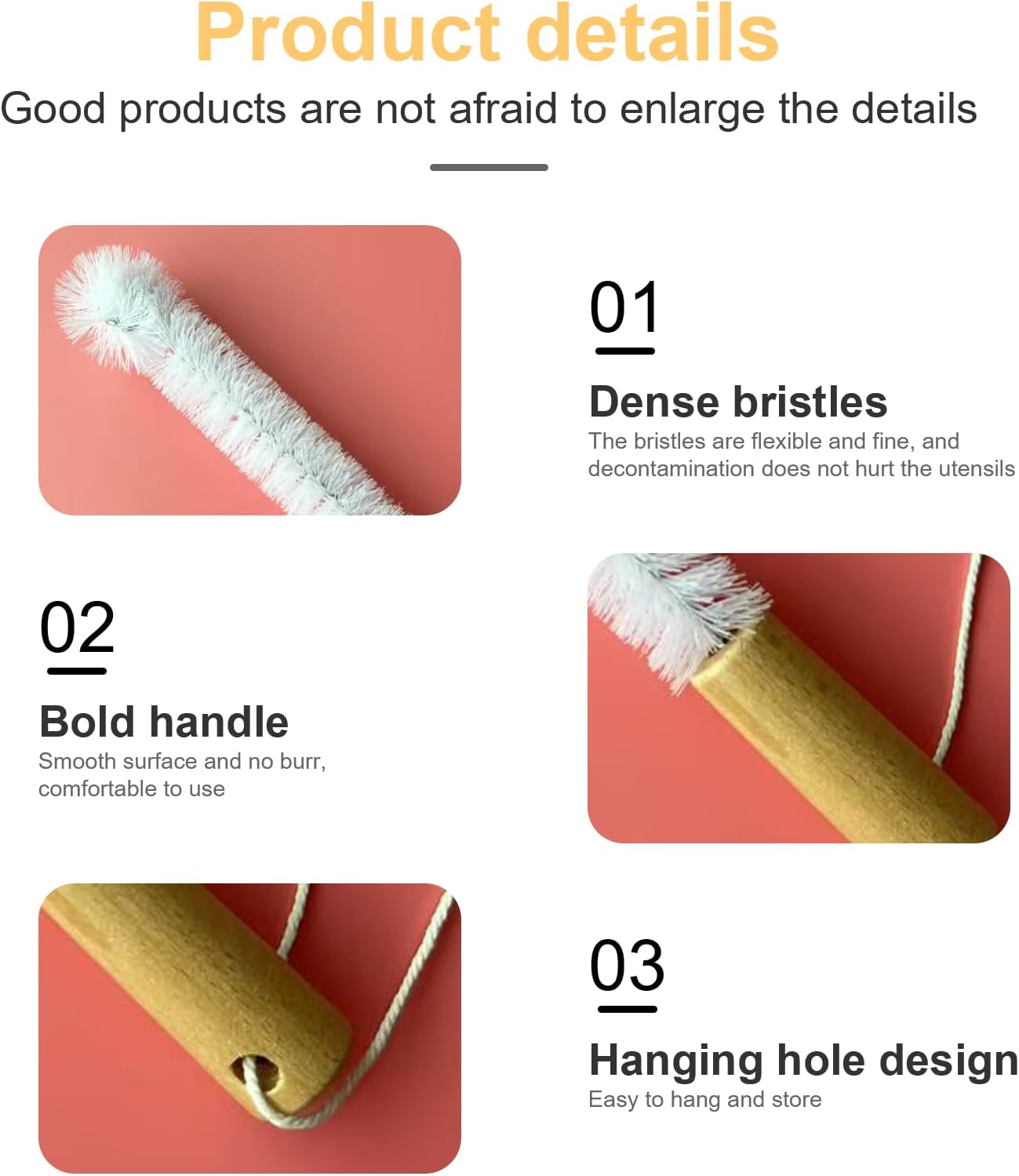 Set of Two Long-Handled Bottle Brushes, 12.99-inch Nylon bristles, Flexible Cleaning Brush for Cleaning Wine Bottles, Baby Bottles, Water Bottles, Kettles, and Brewing Equipment. Wooden Handle.