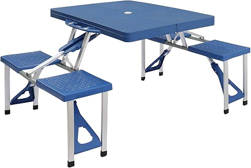 Mesa de picnic plegable para acampar con asientos/agujero para paraguas, para interiores y exteriores, resistente, portátil, con asa, bloqueo para