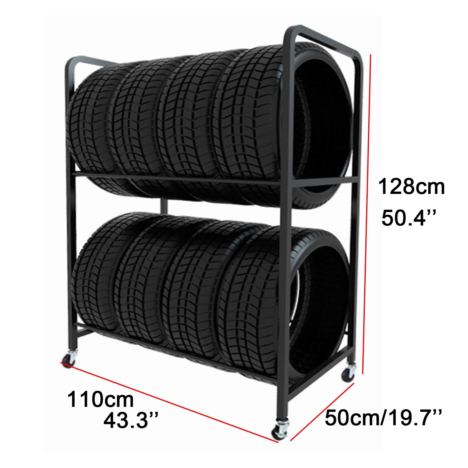Stojak do przechowywania opon, wytrzymały, mobilny organizer garażowy z 4 kółkami, łatwy montaż, najlepszy wózek na opony 110 x 50 x 128 cm, do użytku domowego i garażu